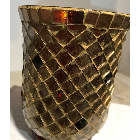 Vintage Mosaic Glass Vase Votive Holder Gold & Red Diamond Pattern 5.5" x 4.25" - Picture 2 of 9